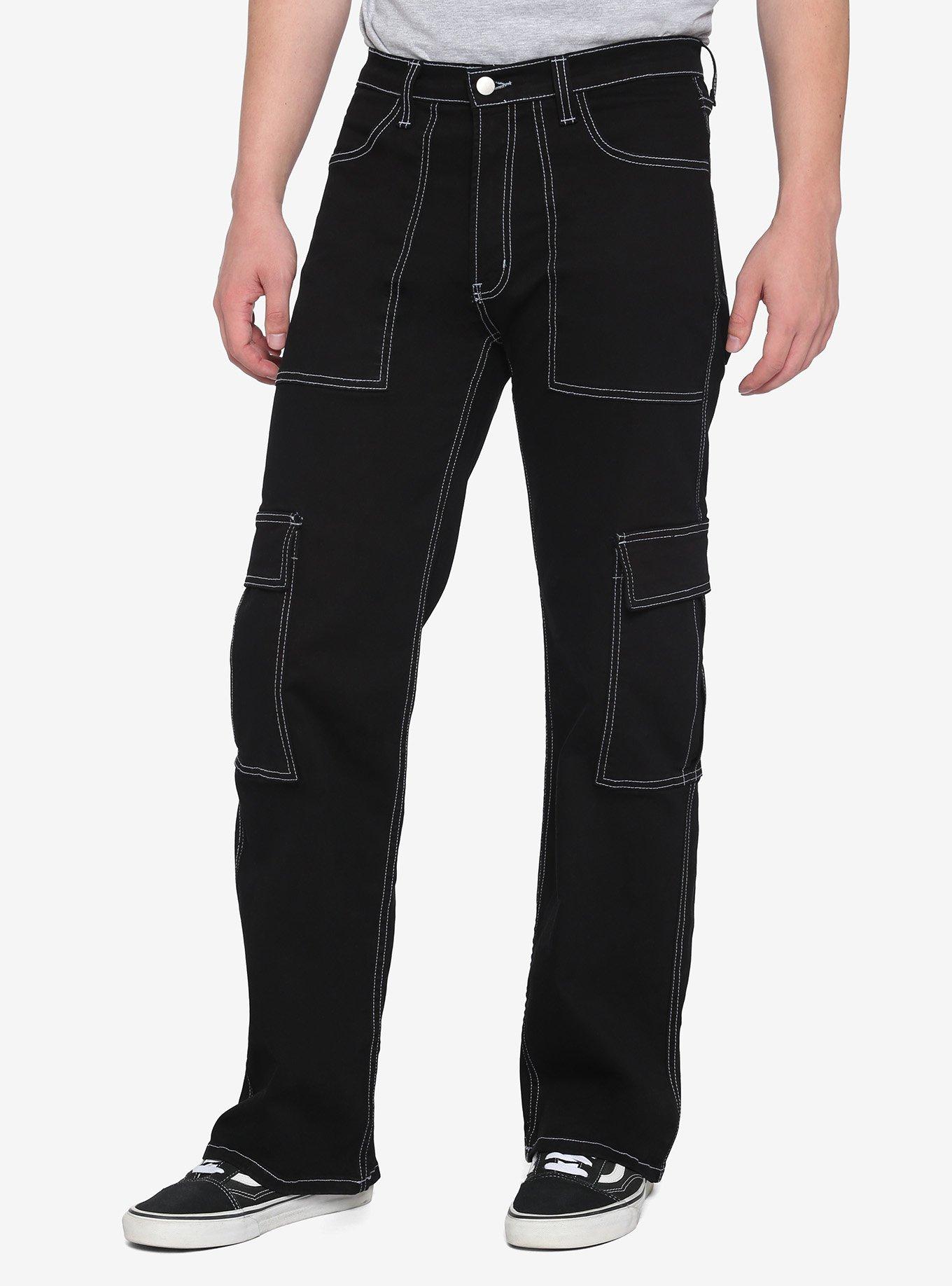 black baggy pants with white stitching