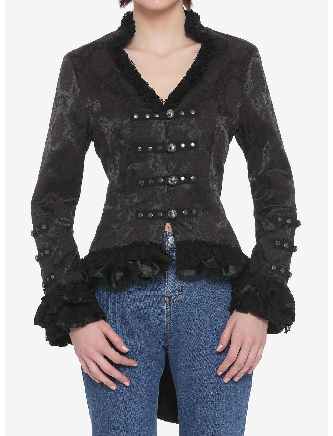 Black Brocade Lace Up Jacket, BLACK, hi-res