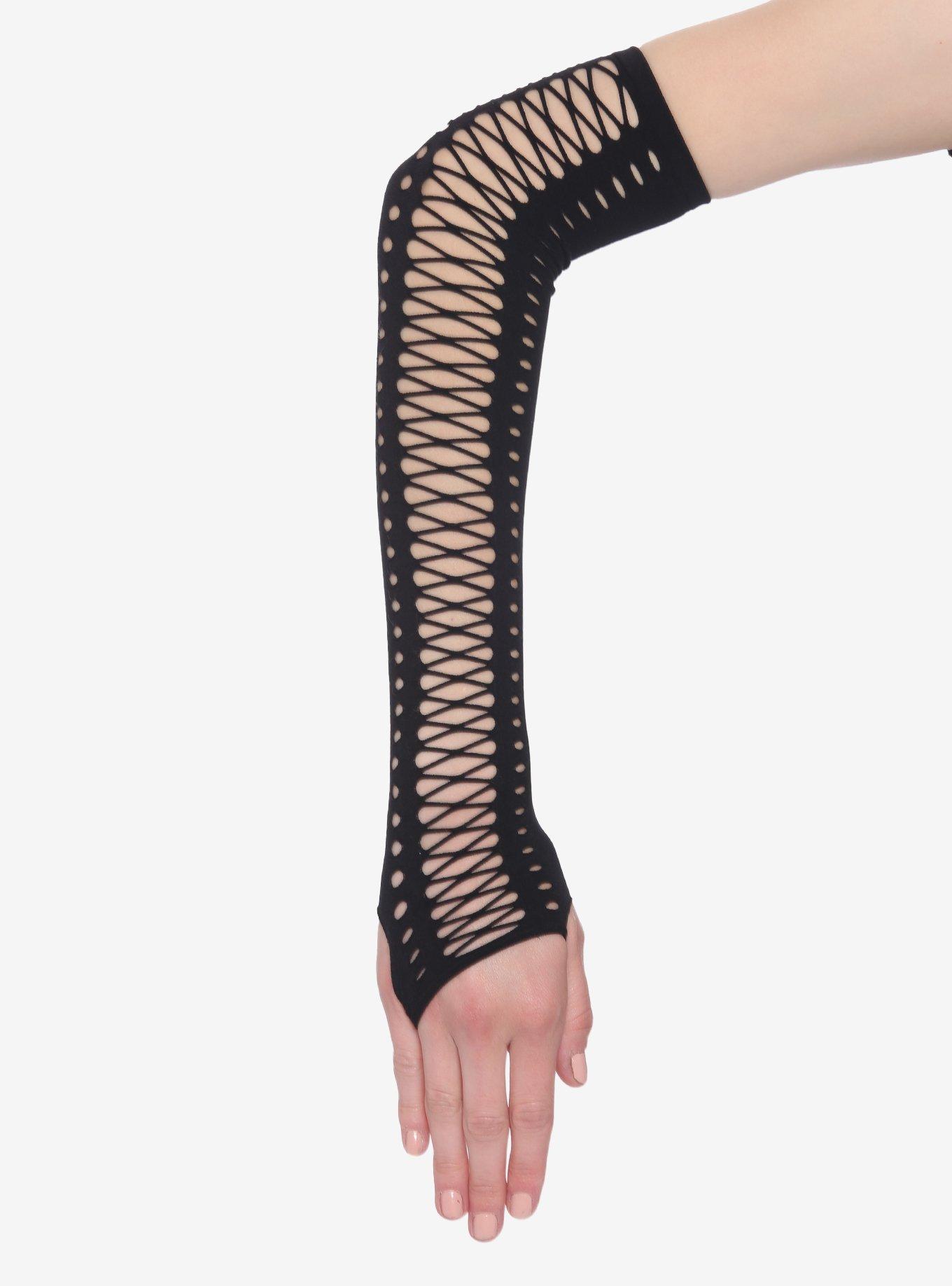 Black Lace-Up Arm Warmers, , hi-res