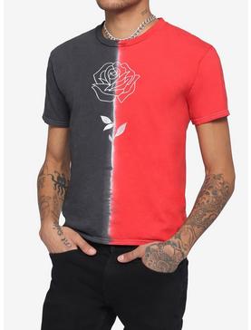 Grey & Red Split Wash Embroidered Rose T-Shirt, , hi-res