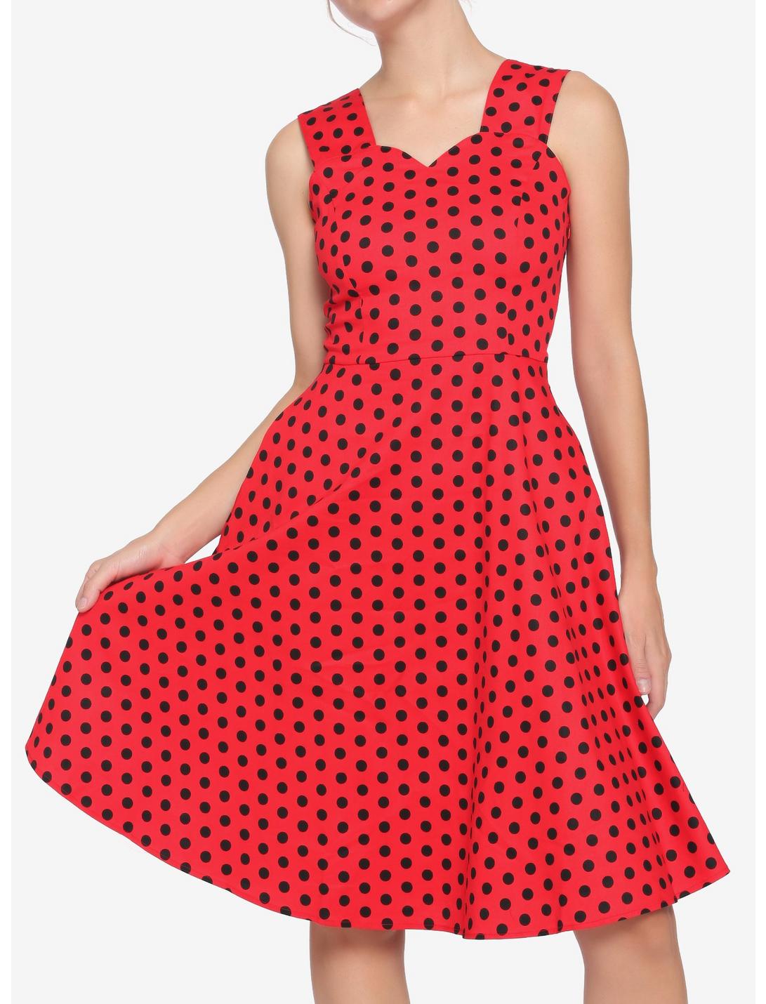 red and black polka dot dress