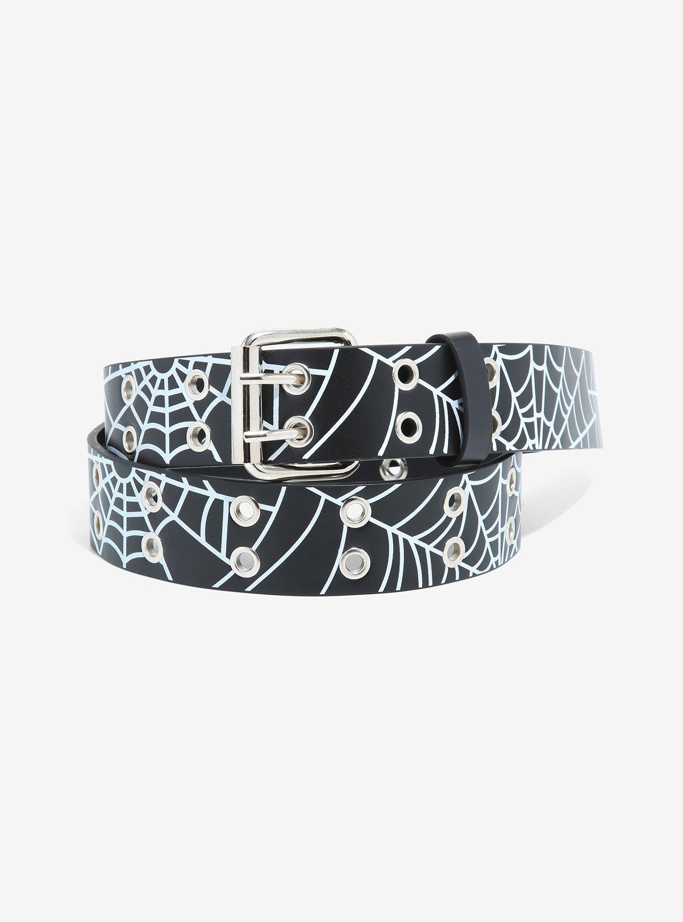 Spiderweb Faux Leather Grommet Belt, BLACK, hi-res