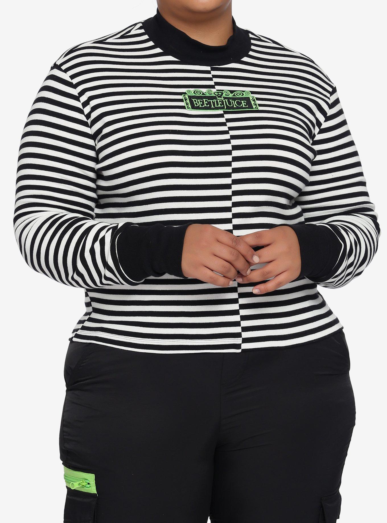 Beetlejuice Stripe Split Mock Neck Top Plus Size, MULTI, hi-res