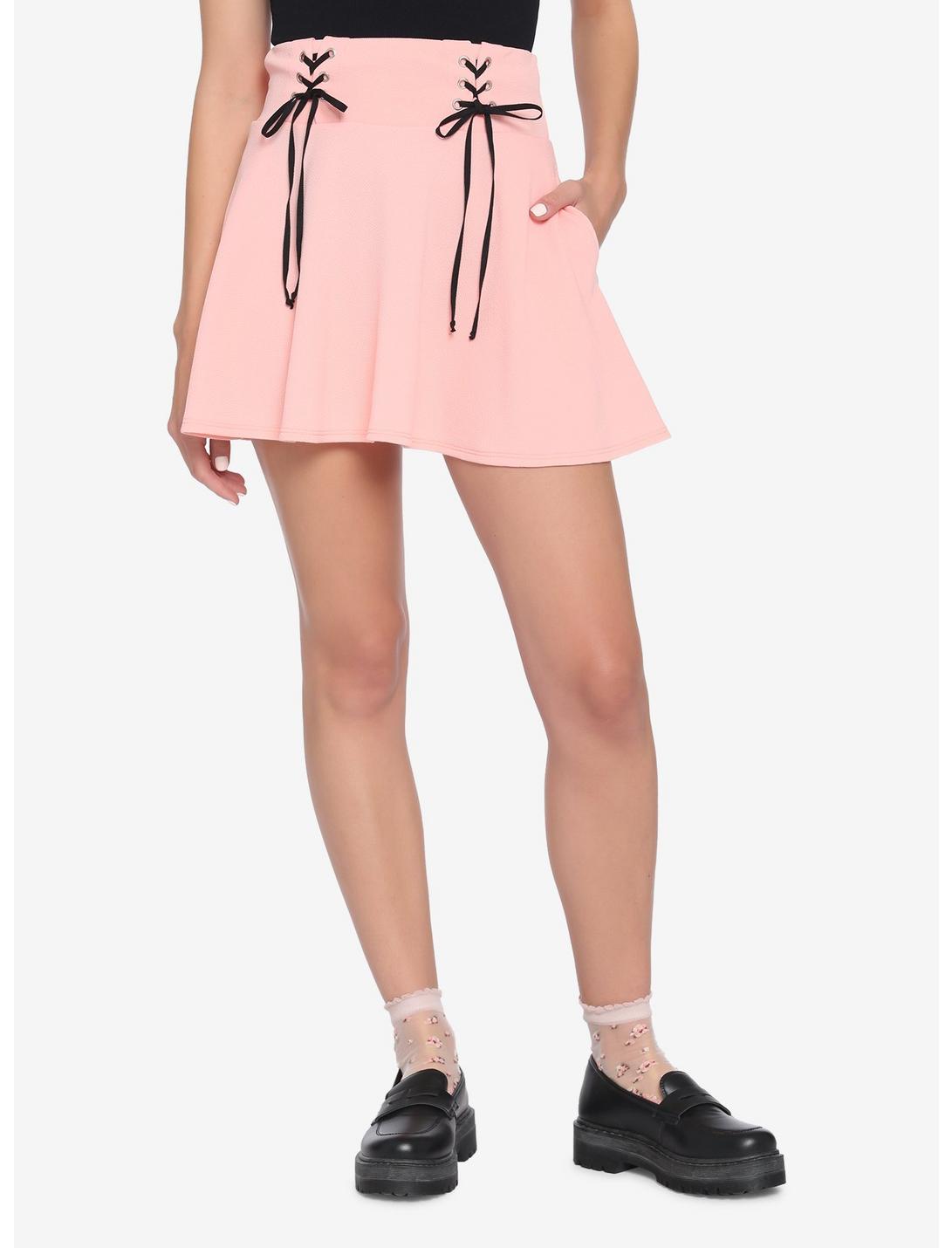 Pastel Pink Lace-Up Skater Skirt, PINK, hi-res
