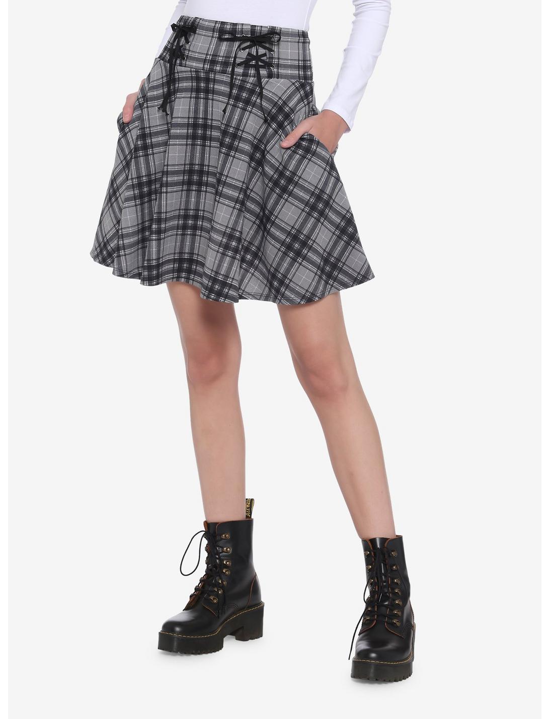 Grey & Black Plaid Lace-Up Yoke Skater Skirt | Hot Topic