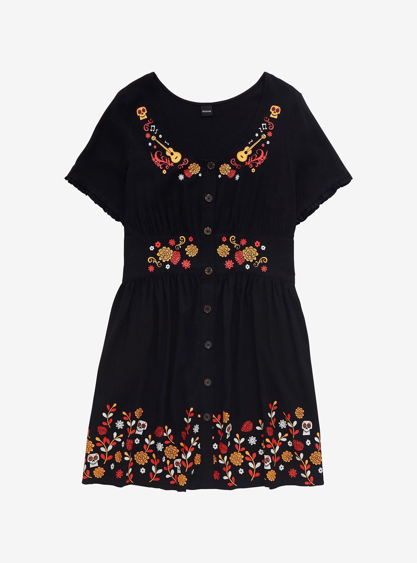 Disney Pixar Coco Floral Icon Women&rsquo;s Plus Size Dress - BoxLunch Exclusive, BLACK, hi-res