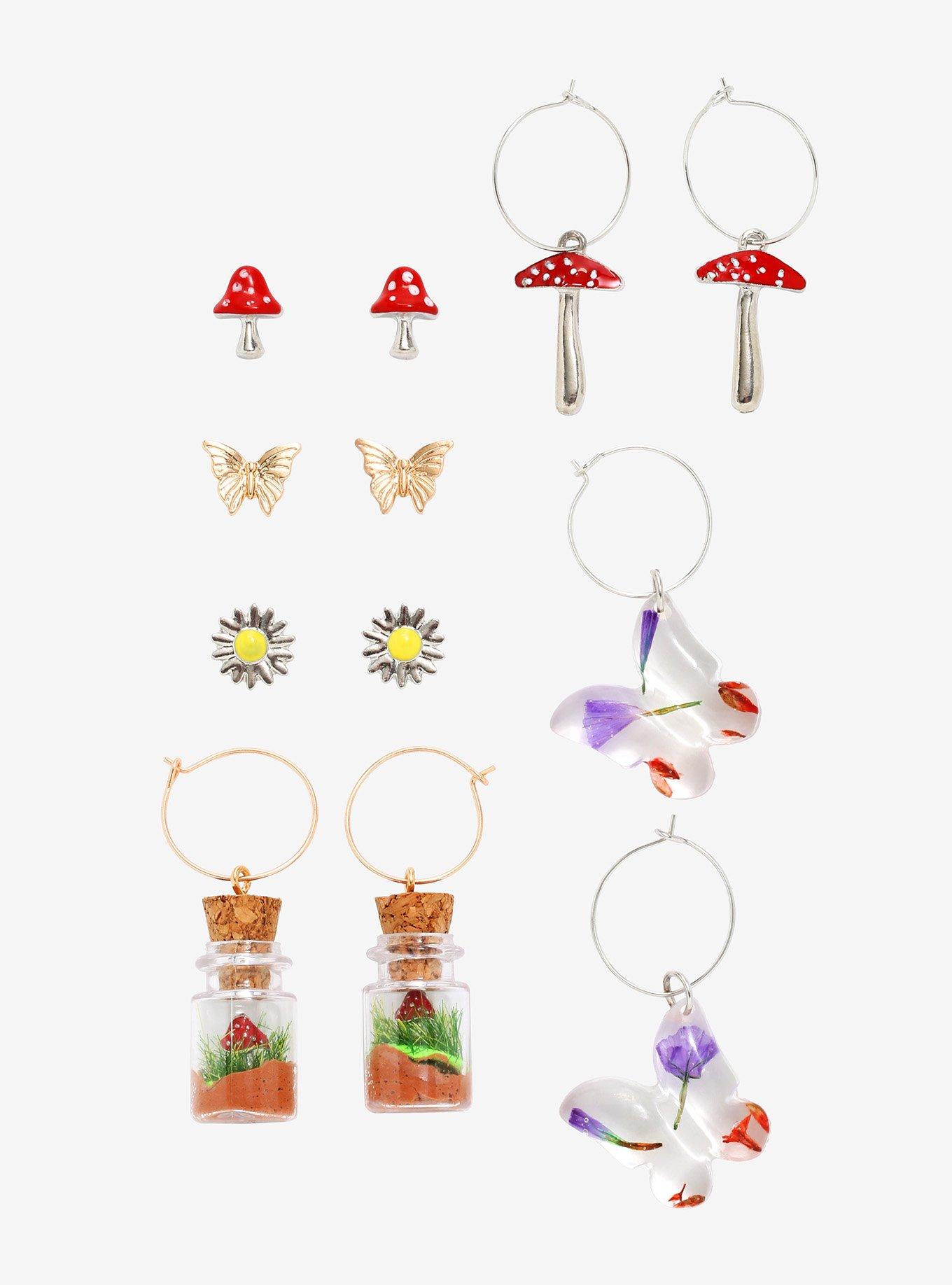 Mushroom & Butterfly Hoop & Stud Earring Set, , hi-res