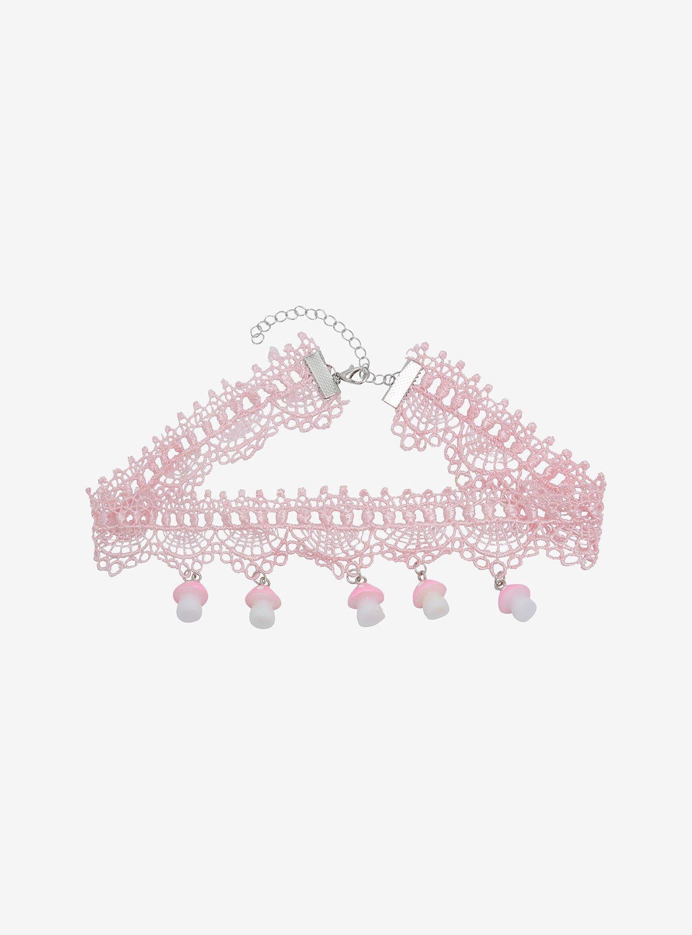 Mushroom Dangle Pink Embroidered Choker, , hi-res