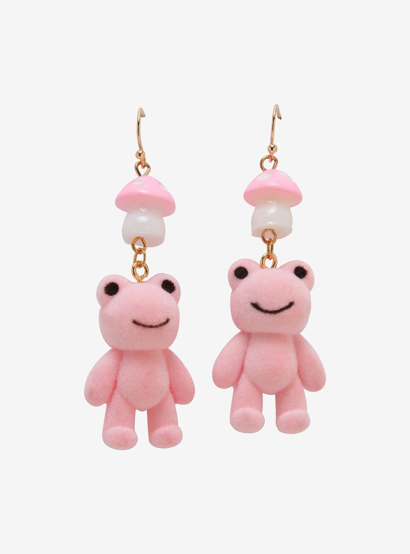 Mushroom Frog Fuzzy Pink Drop Earrings, , hi-res