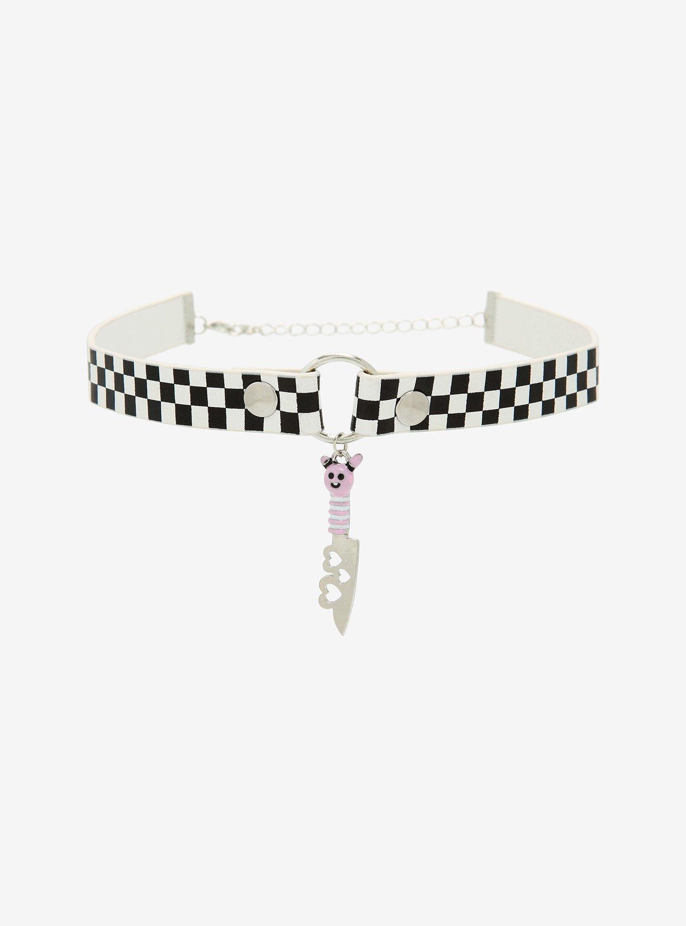 Black & White Checkered Heart Knife Pendant O-Ring Choker, , hi-res