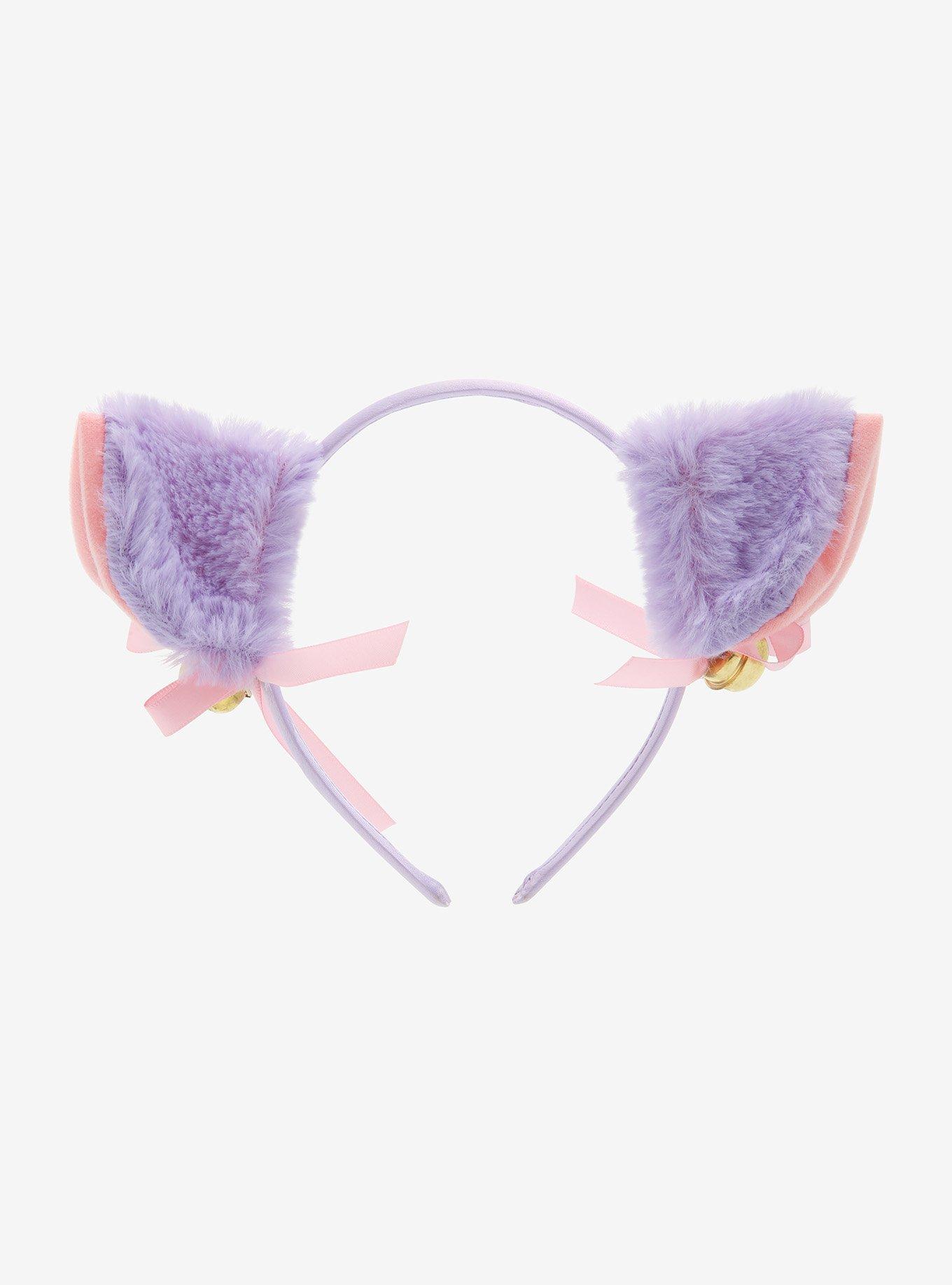 Lavender & Pink Ribbon Bell Fuzzy Cat Ear Headband, , hi-res