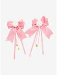 Pink Puff Bow & Bells Dangle Hair Clip Set, , hi-res