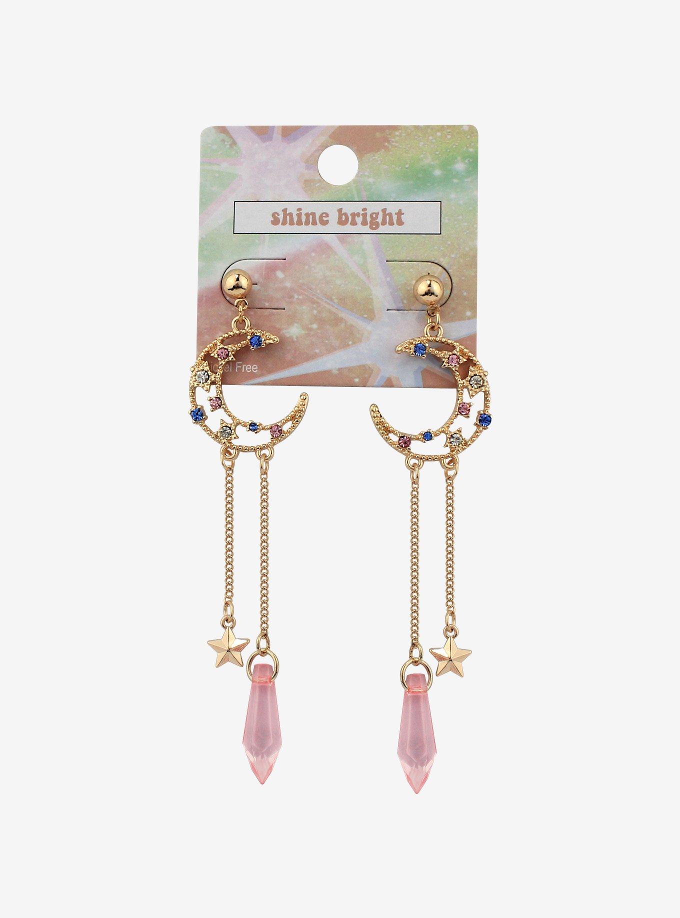 Jeweled Crescent Moon Crystal Drop Earrings, , hi-res