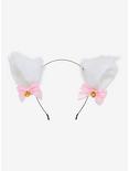 White & Pink Ribbon Bell Fuzzy Cat Ear Headband, , hi-res
