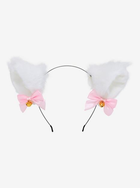 White & Pink Ribbon Bell Fuzzy Cat Ear Headband | Hot Topic display picture 1