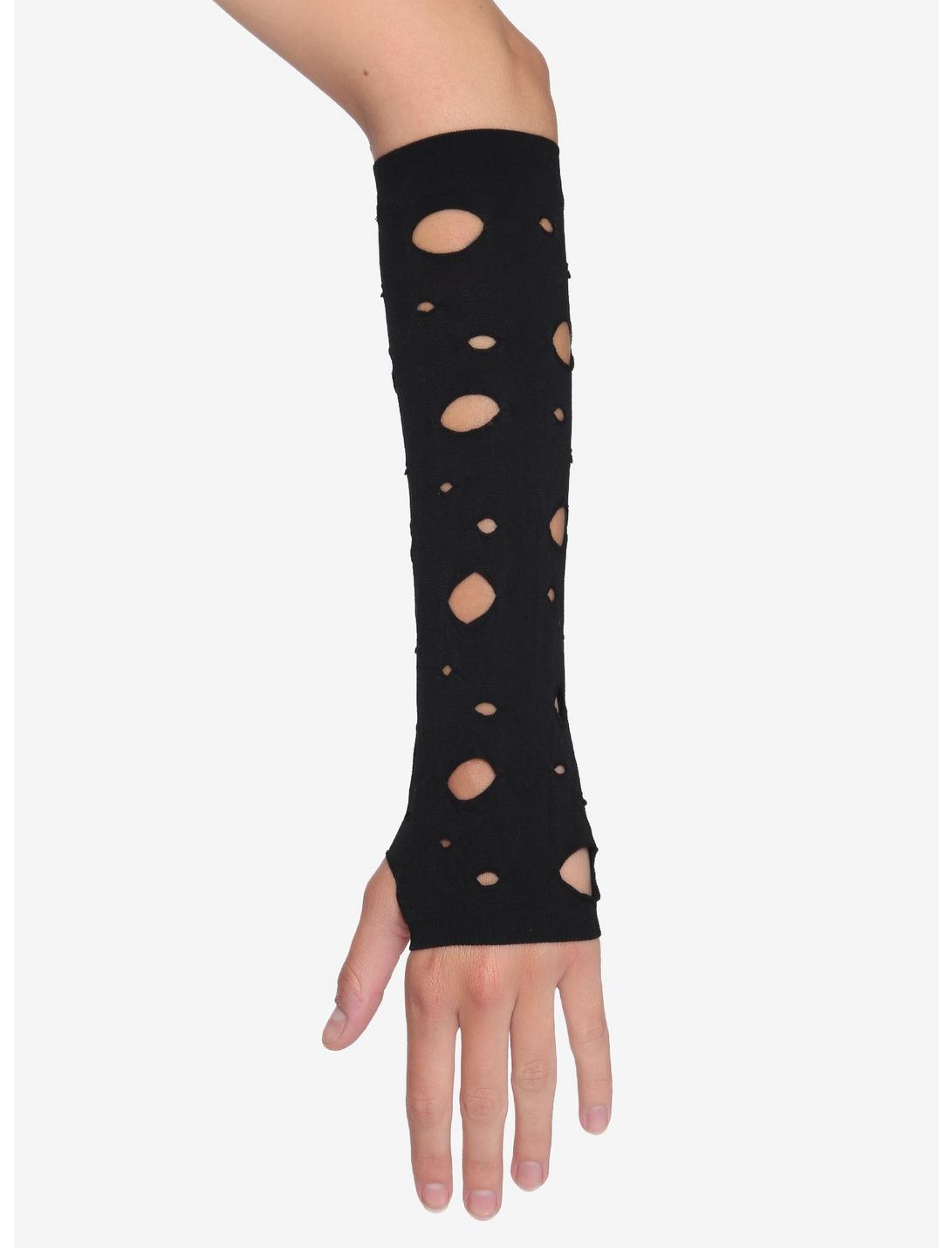 Black Distressed Arm Warmers, , hi-res