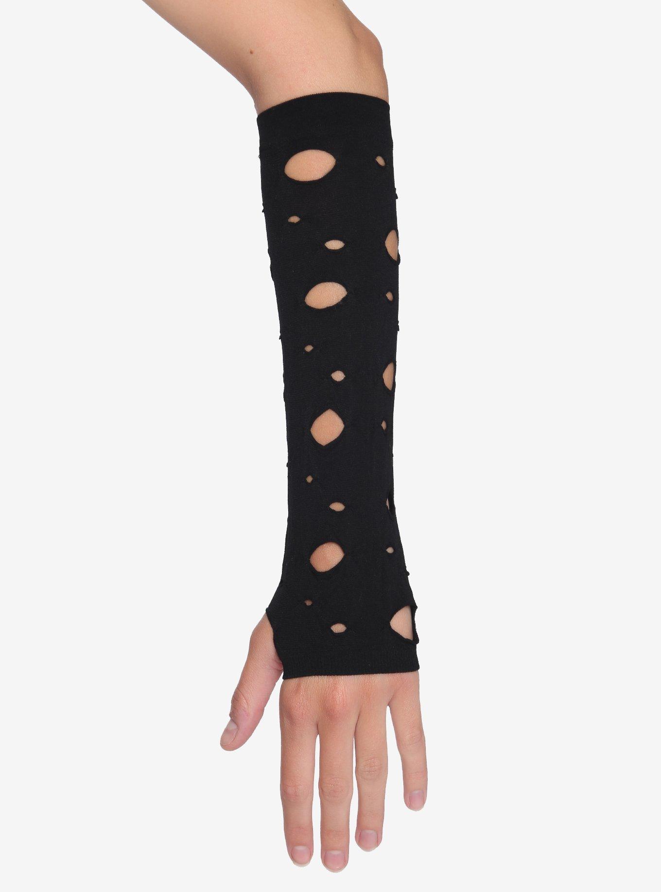 Black Distressed Arm Warmers, , hi-res