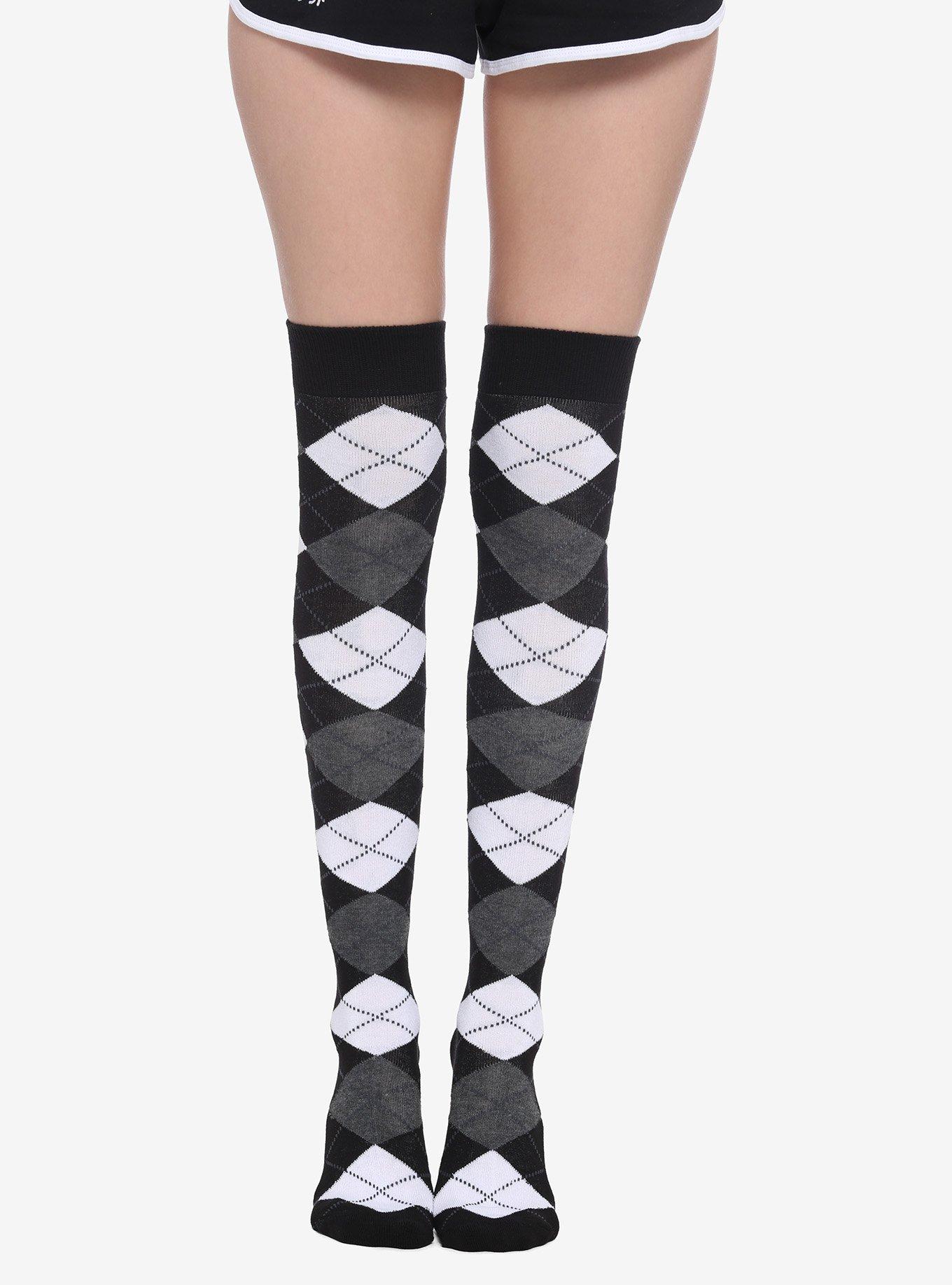 Black White & Grey Argyle Over-The-Knee Socks, , hi-res