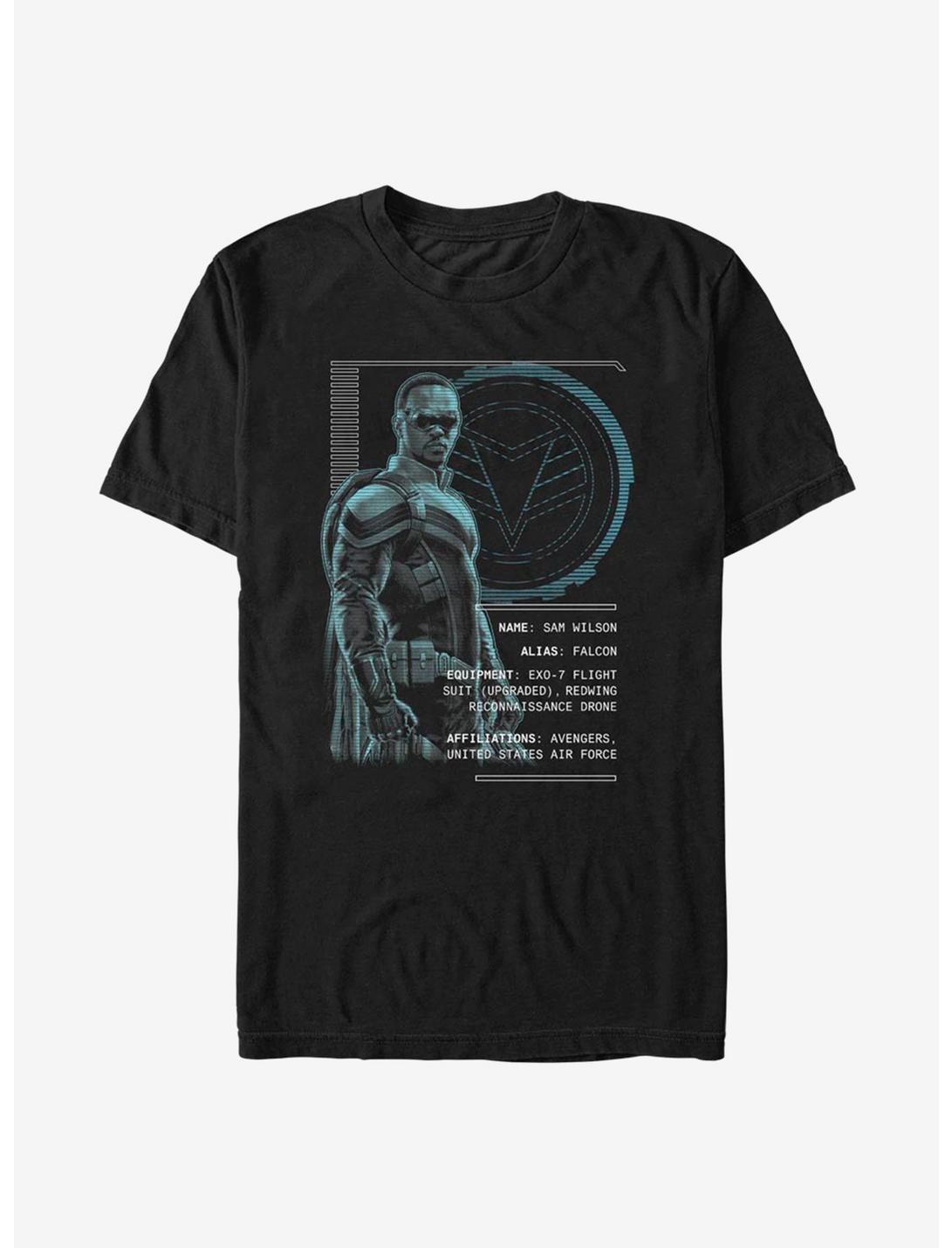 Marvel The Falcon And The Winter Soldier Falcon Stats T-Shirt, BLACK, hi-res
