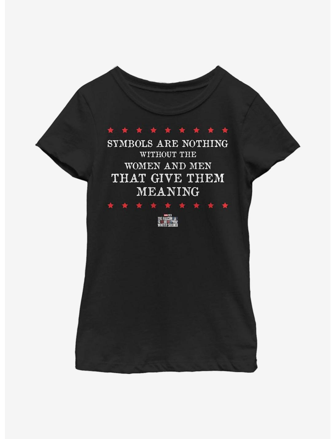 Marvel The Falcon And The Winter Soldier Symbol Quote Youth Girls T-Shirt, BLACK, hi-res
