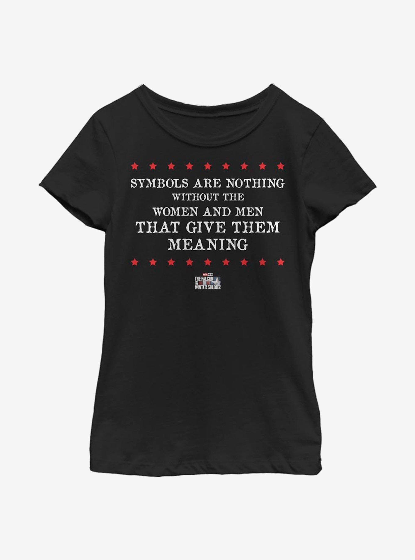 Marvel The Falcon And The Winter Soldier Symbol Quote Youth Girls T-Shirt, BLACK, hi-res