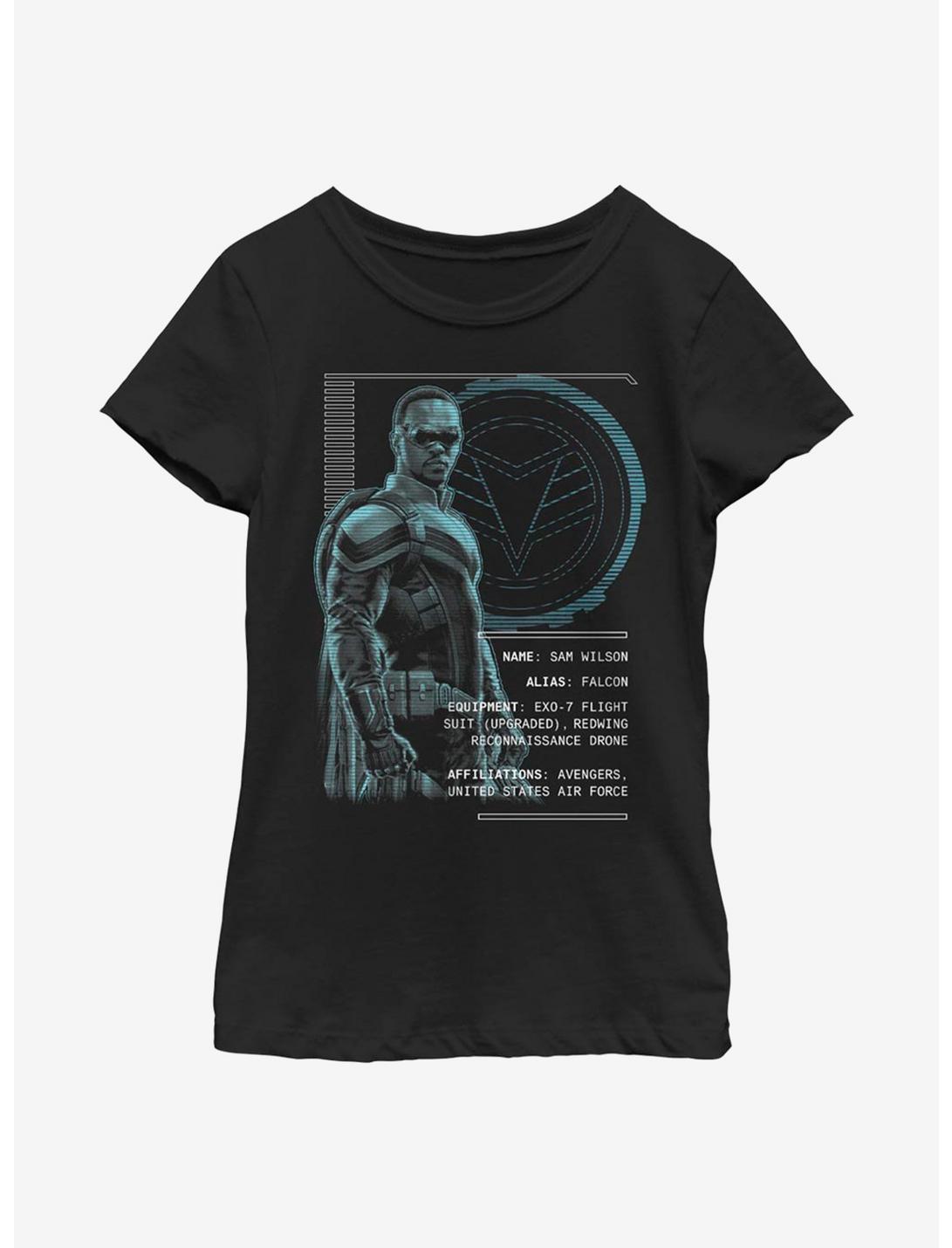 Marvel The Falcon And The Winter Soldier Falcon Stats Youth Girls T-Shirt, BLACK, hi-res
