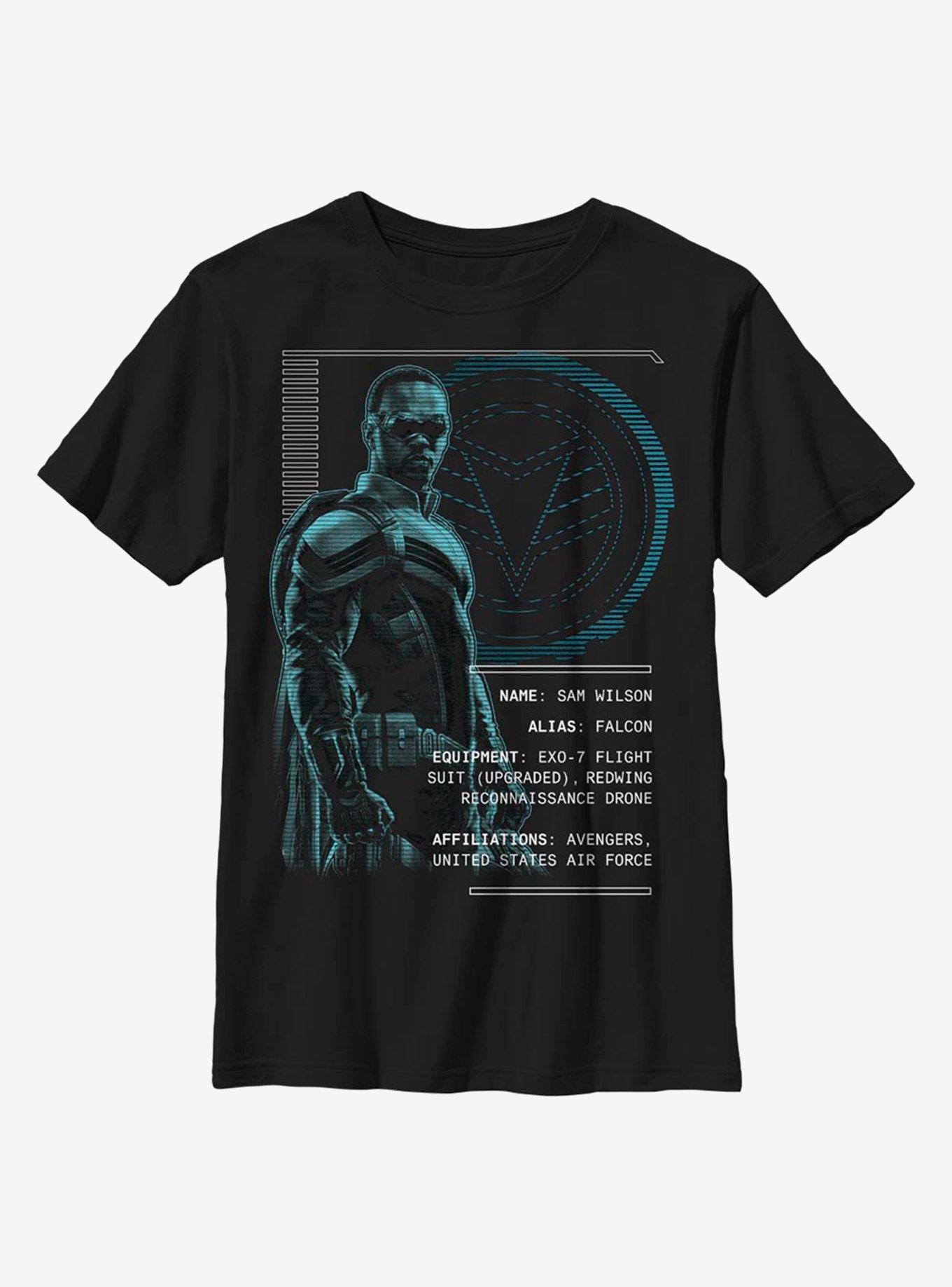 Marvel The Falcon And The Winter Soldier Falcon Stats Youth T-Shirt, , hi-res