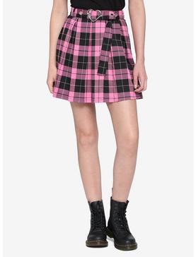 Pink & Black Plaid Skirt With Grommet Belt, , hi-res