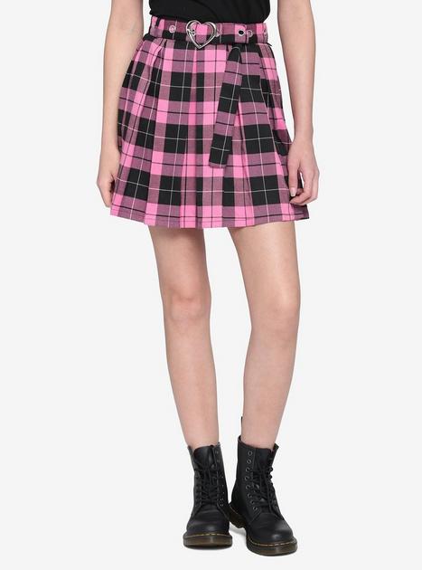 Pink & Black Plaid Skirt With Grommet Belt | Hot Topic