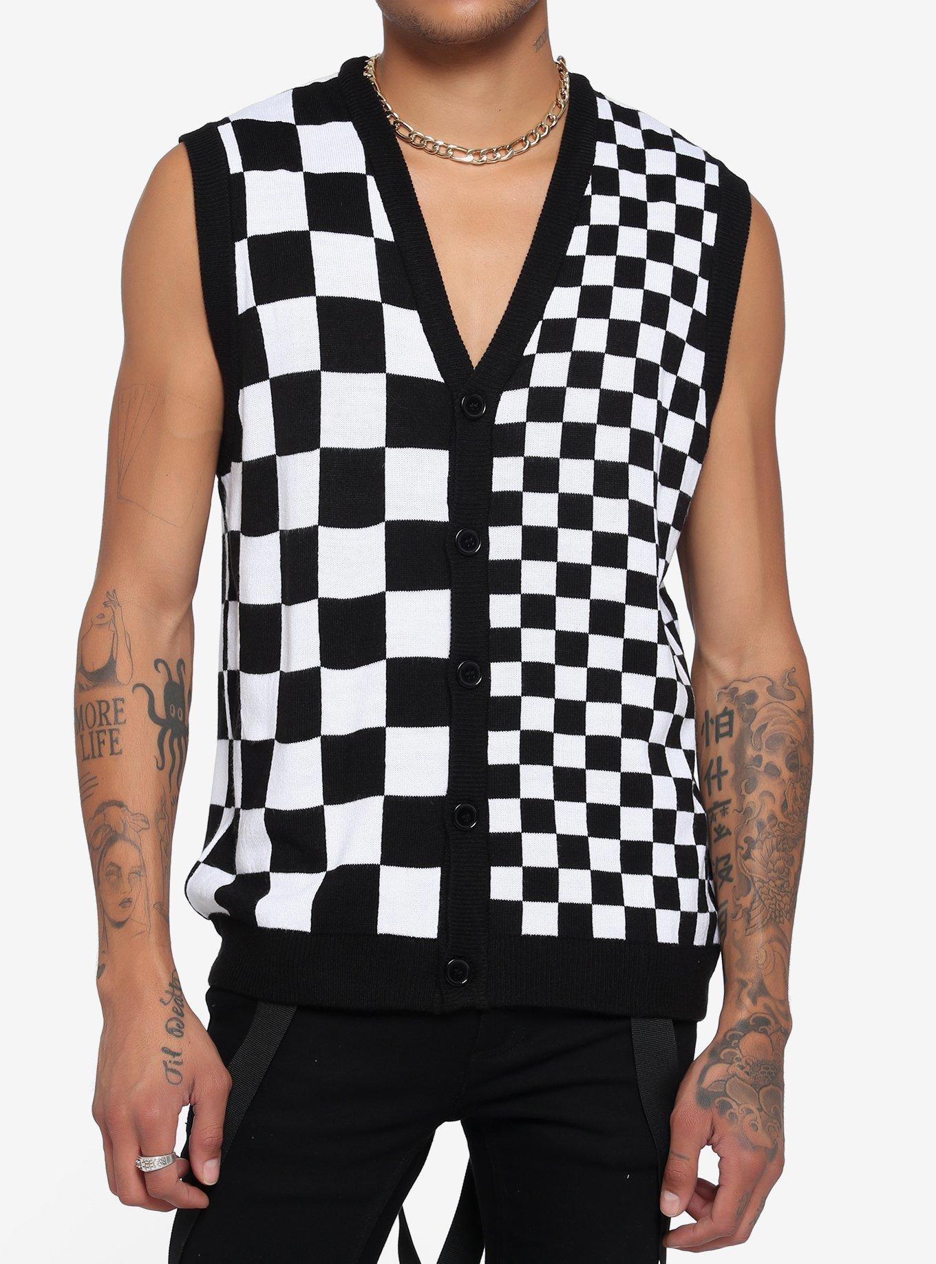 Split Black & White Checkered Knit Vest, CHECKERED, hi-res