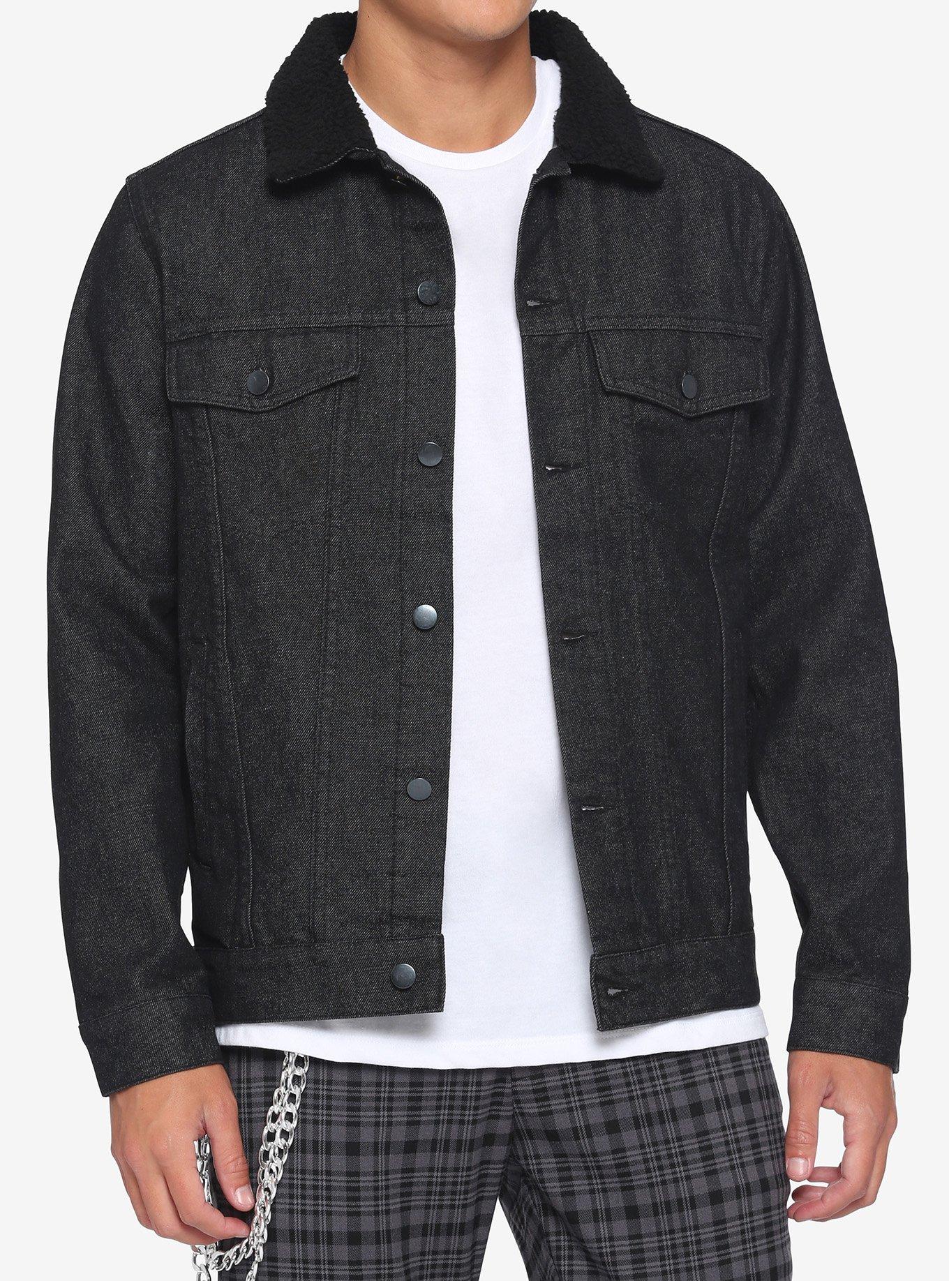 Black Denim Sherpa Collar Jacket, BLACK, hi-res