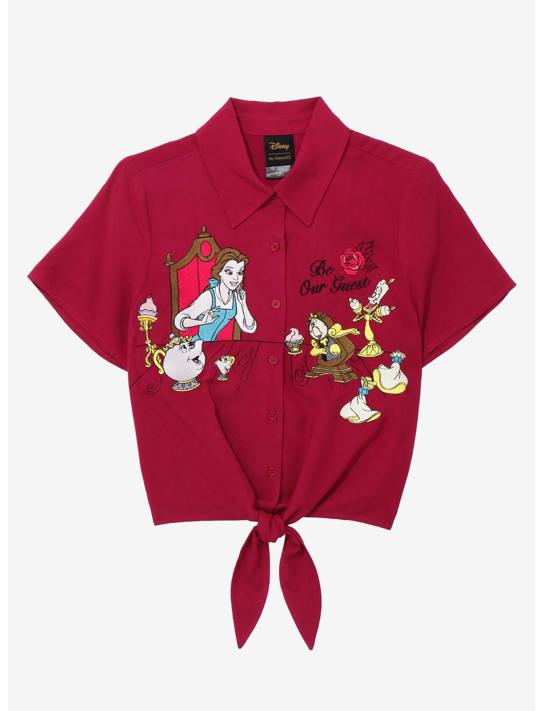 Her Universe Disney Beauty and the Beast Be Our Guest Women's Tie-Front Woven Top - BoxLunch Exclusive, DARK RED, hi-res