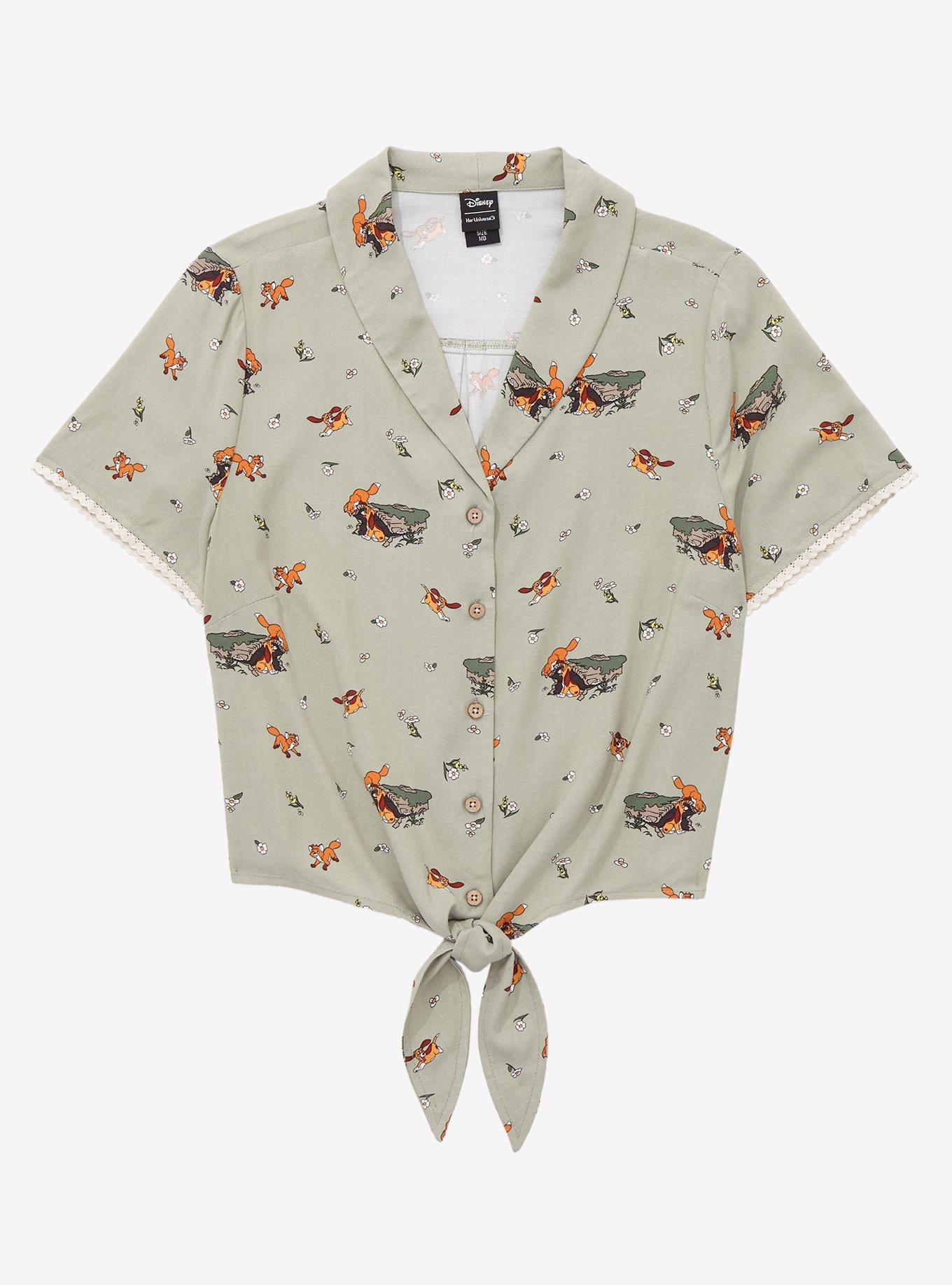 Her Universe Disney The Fox and the Hound Log Women's Tie-Front Woven Top, GREY, hi-res