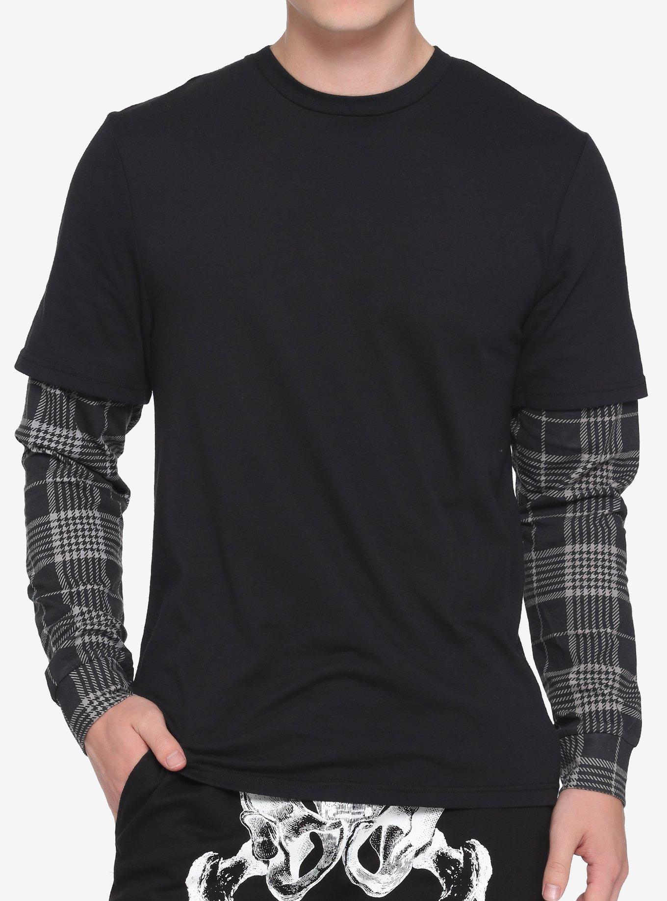 Black & Grey Flannel Sleeve Twofer Long-Sleeve T-Shirt, PLAID, hi-res