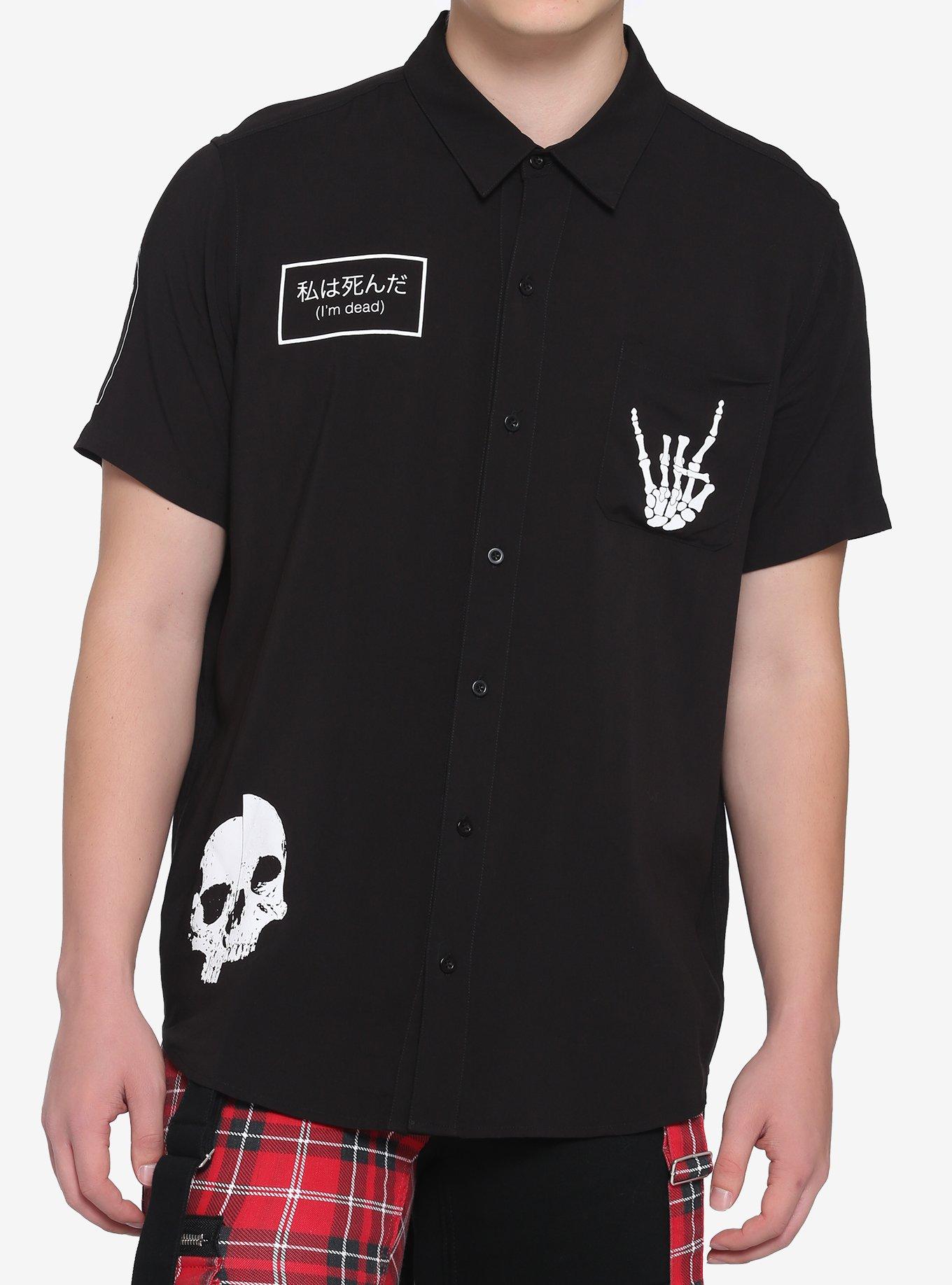 Skeleton Patches Black Woven Button-Up, BLACK, hi-res