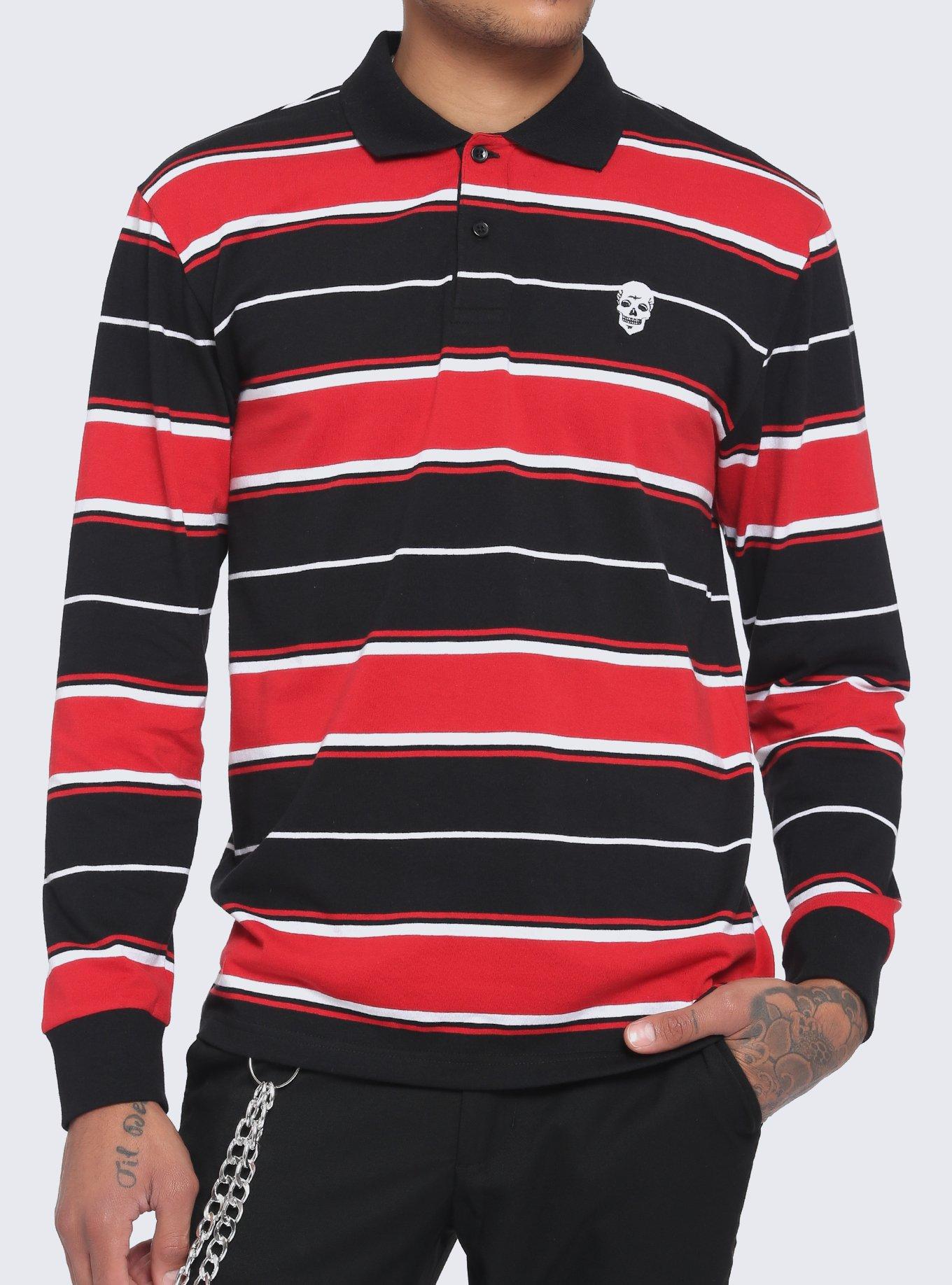 Red & Black Stripe Skull Long-Sleeve Polo Shirt, STRIPES - RED, hi-res