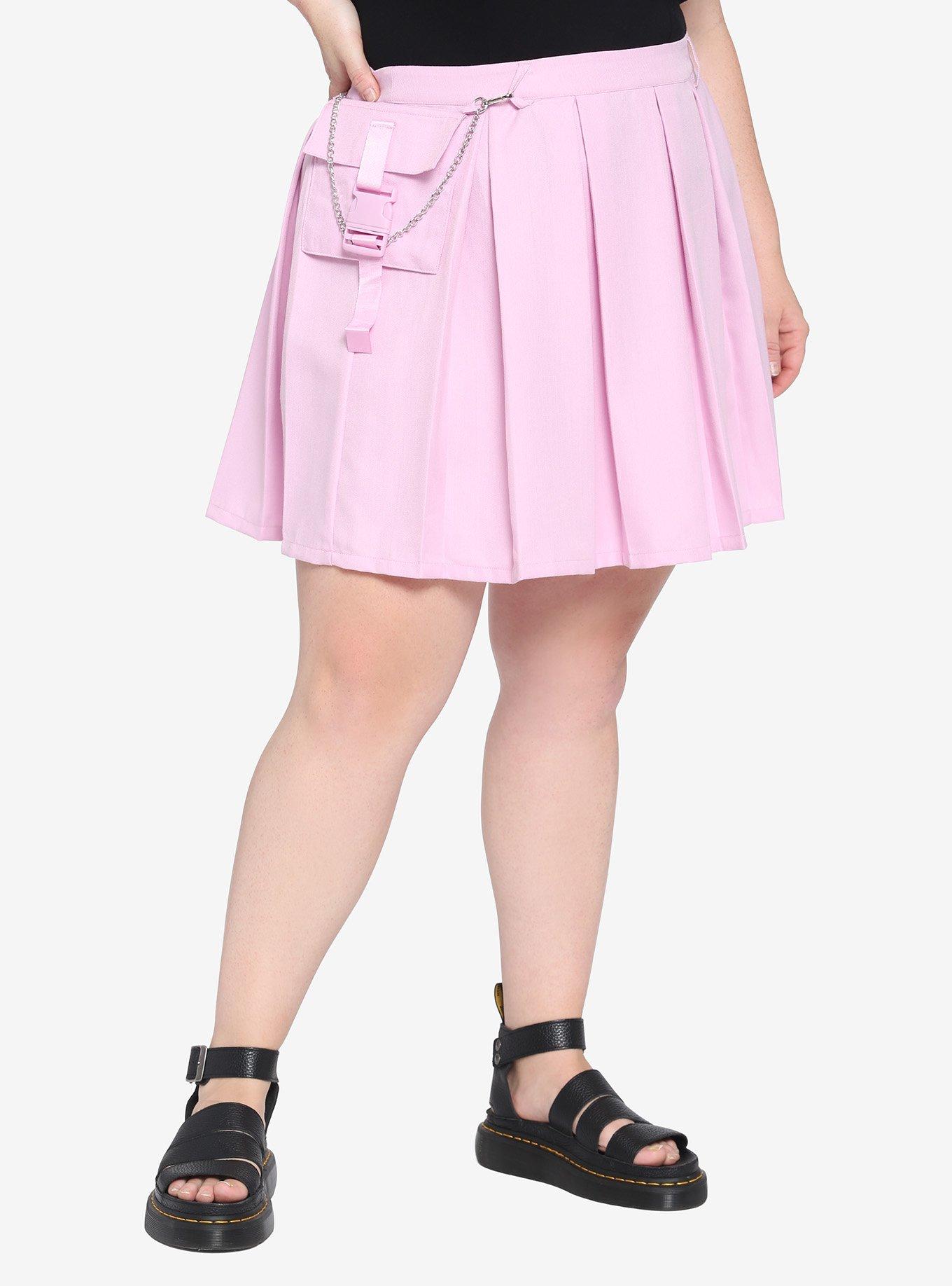 Pastel Pink Pleated Cargo Skirt Plus Size, PINK, hi-res