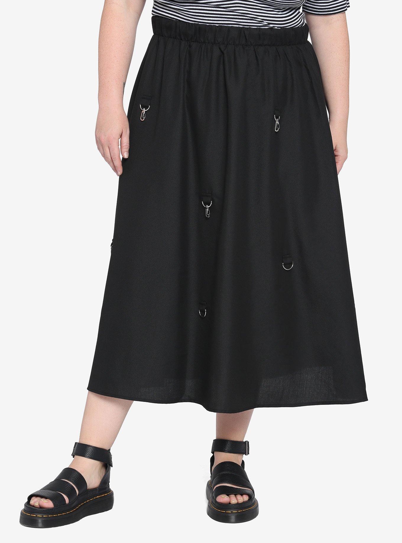 Black D-Ring Clasp Midi Skirt Plus Size, BLACK, hi-res