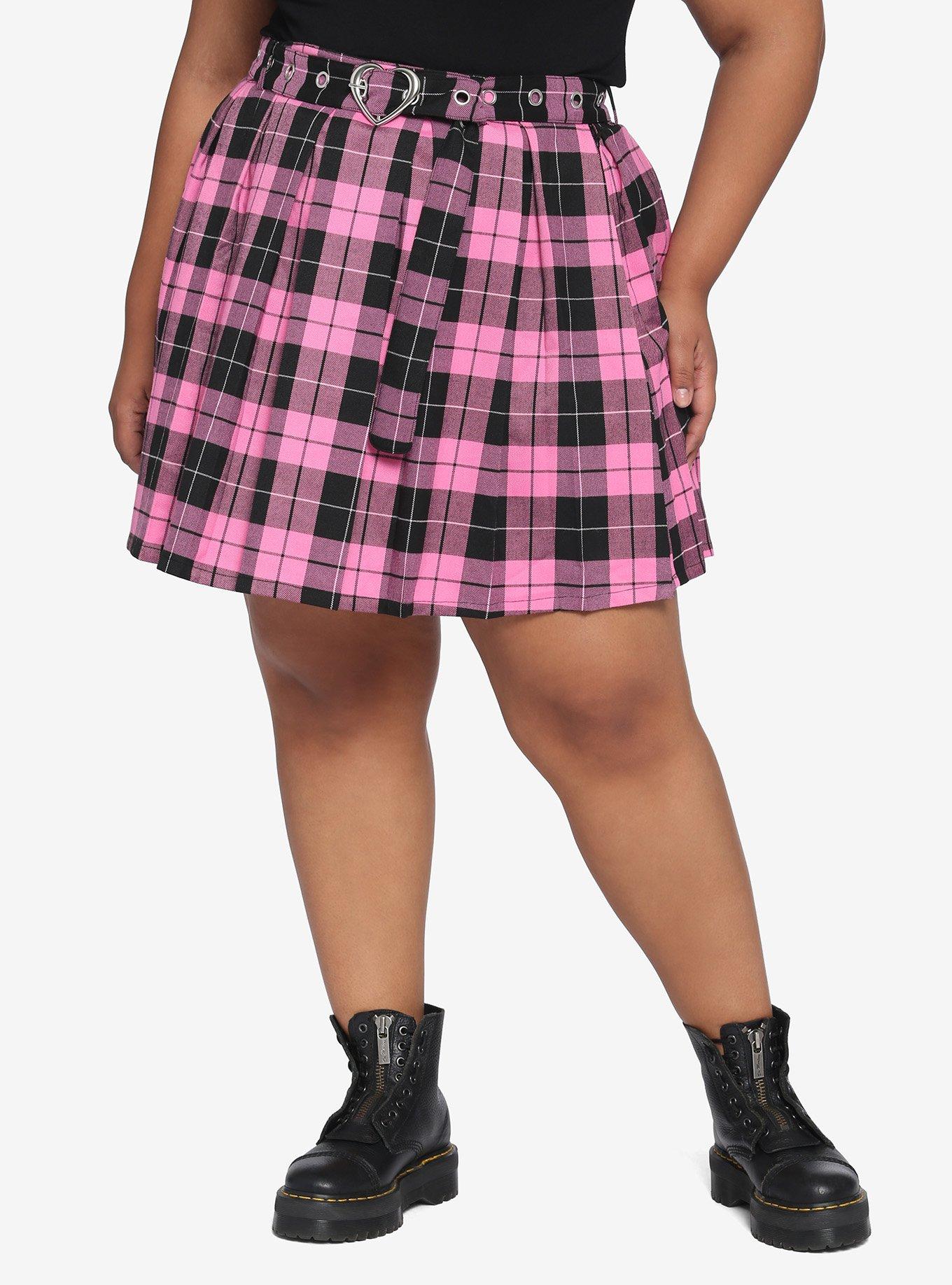 Pink & Black Plaid Skirt With Grommet Belt Plus Size, PLAID - PINK, hi-res