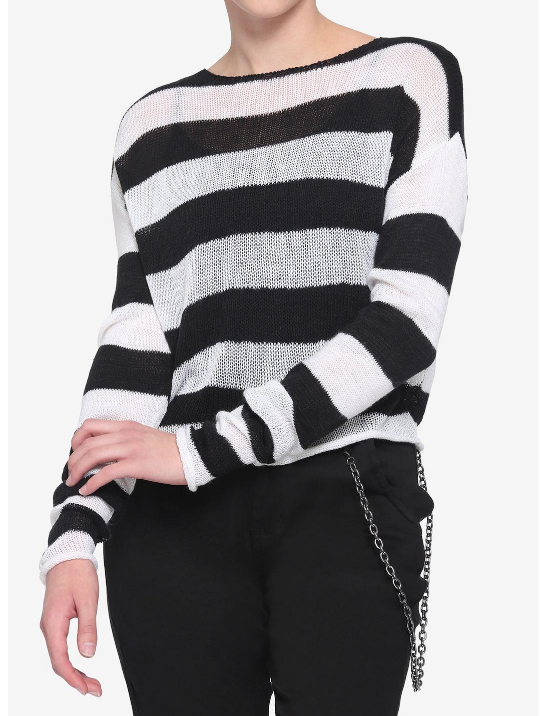 White & Black Stripe Girls Crop Sweater, STRIPES, hi-res