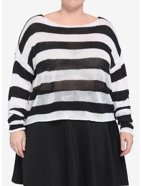 White & Black Stripe Girls Crop Sweater Plus Size, , hi-res
