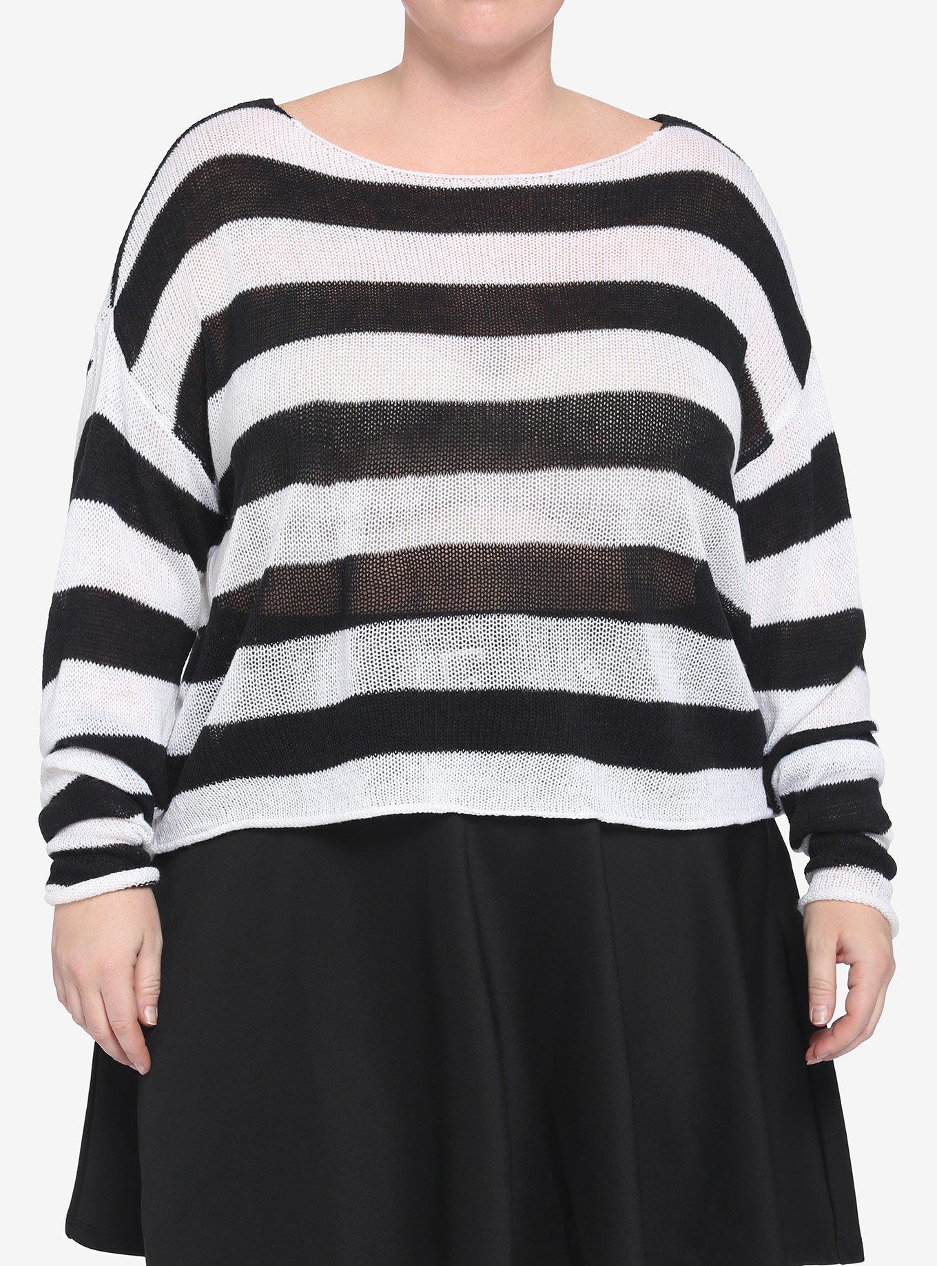 White & Black Stripe Girls Crop Sweater Plus Size, STRIPES, hi-res view 1