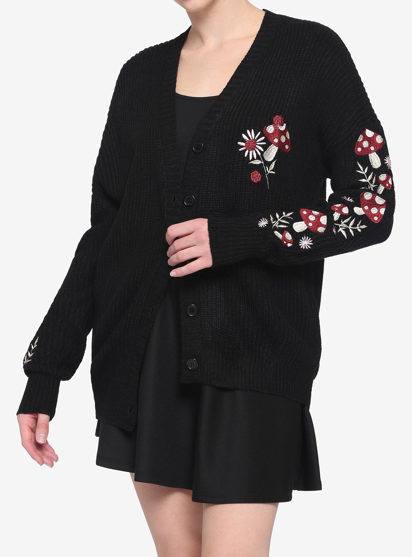 Mushroom Floral Embroidered Girls Cardigan, BLACK, hi-res