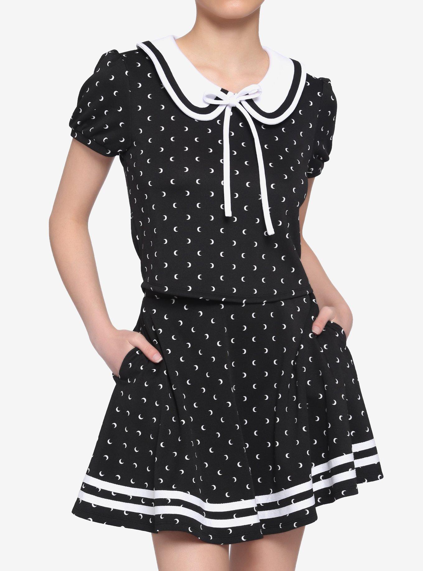 Black & White Moon Girls Collar Top, BLACK, hi-res