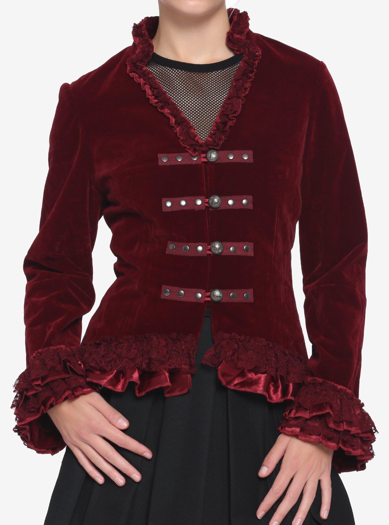 Velvet Corset Back Jacket Burgundy, RED, hi-res