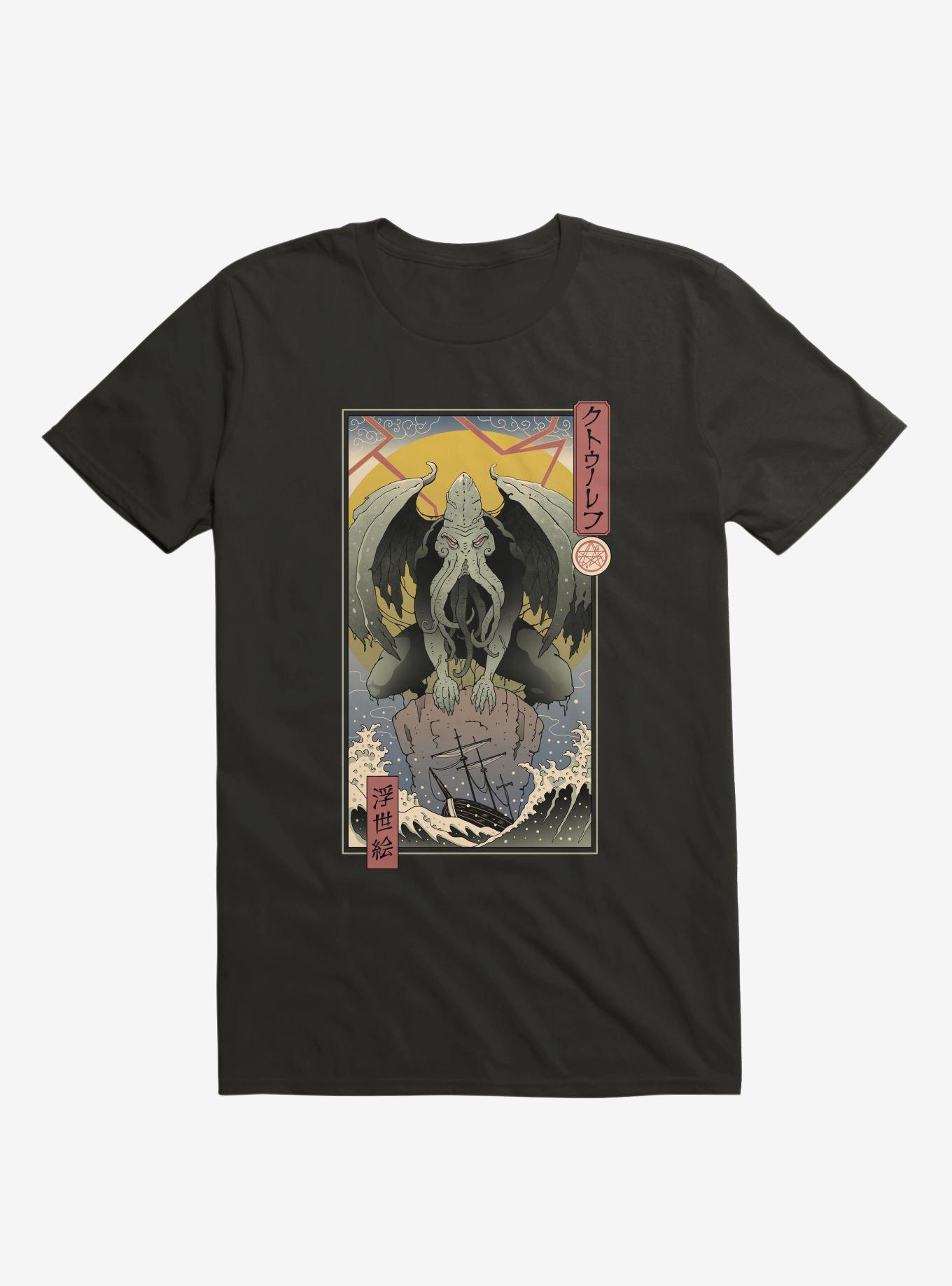 Ocean Cthulhu In Edo Black T-Shirt, BLACK, hi-res