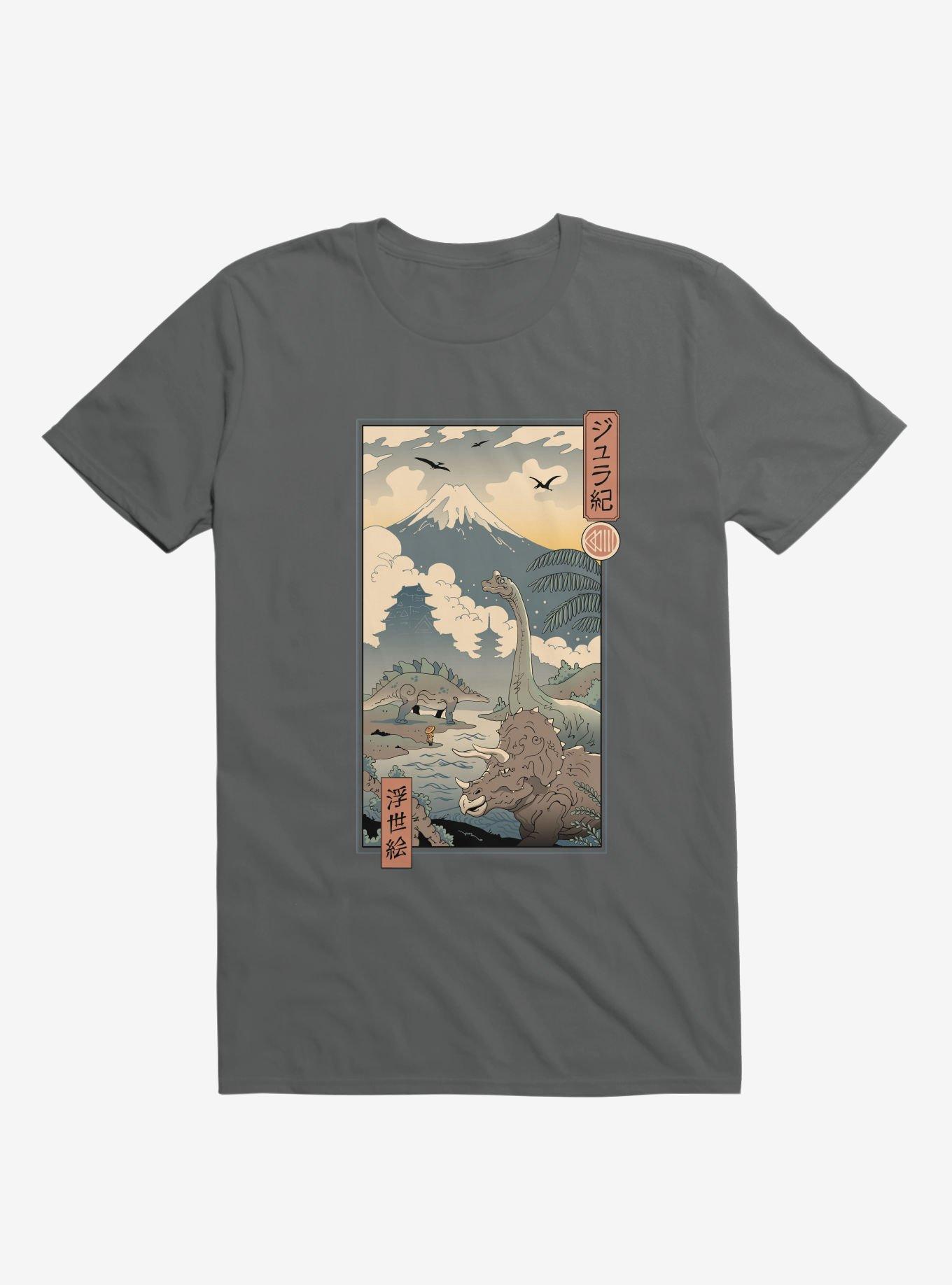 Dinosaurs Jurassic Ukiyo-e Charcoal Grey T-Shirt, CHARCOAL, hi-res