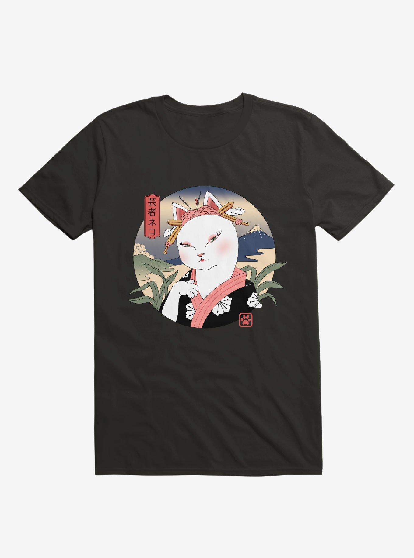 Cat Neko Geisha Black T-Shirt, BLACK, hi-res