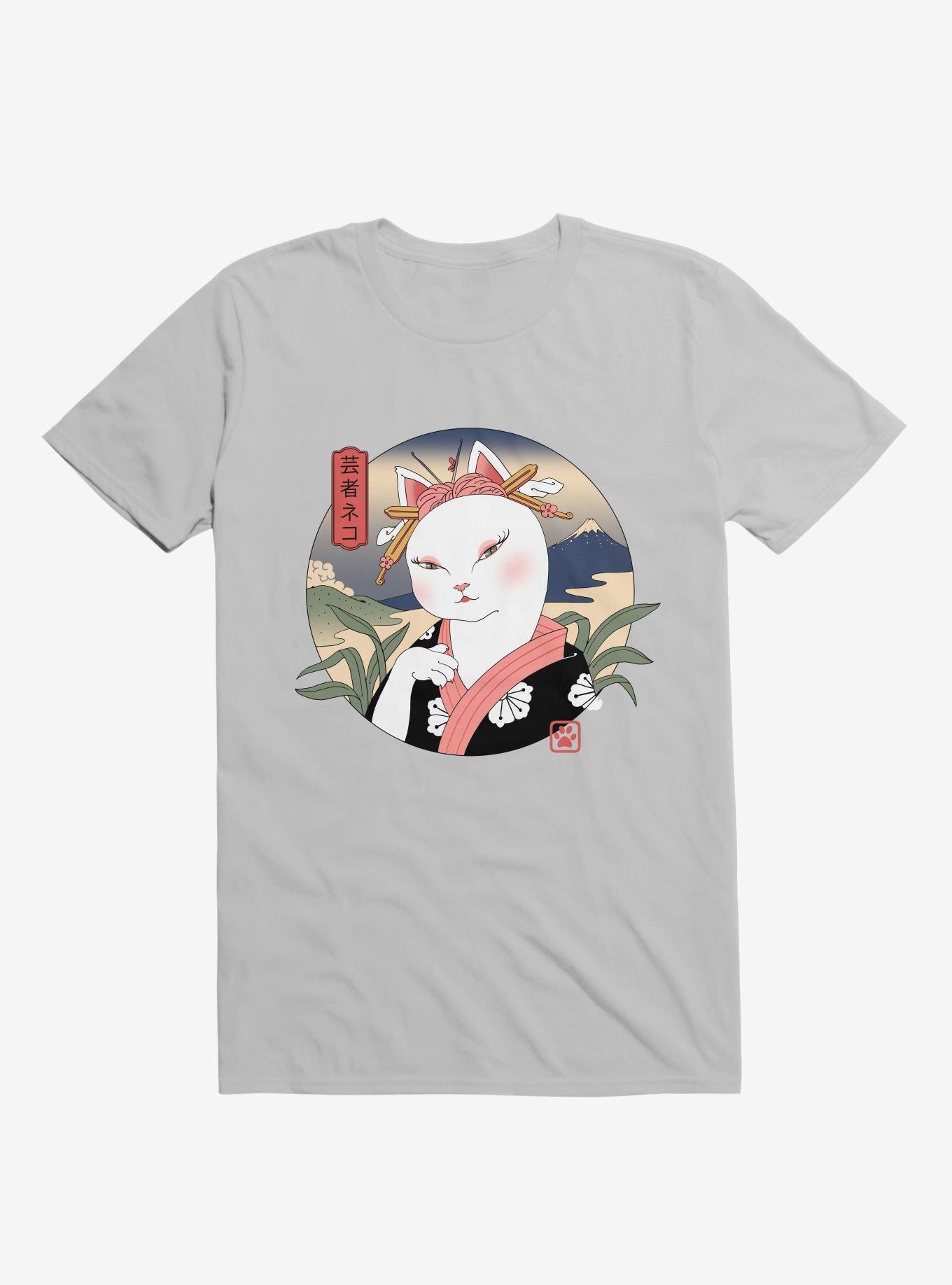 Cat Neko Geisha Ice Grey T-Shirt, , hi-res