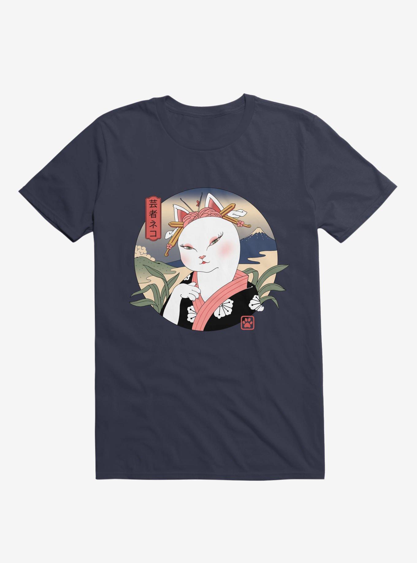 Cat Neko Geisha Navy Blue T-Shirt, , hi-res